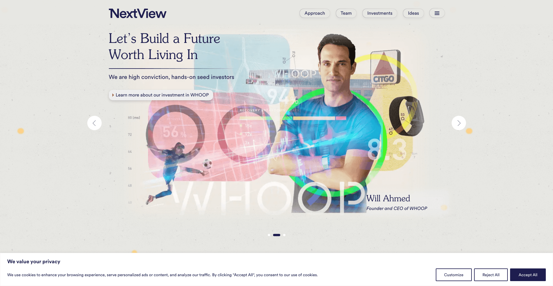NextView Ventures homepage featuring the NextView logo and messaging about building a future worth living in.