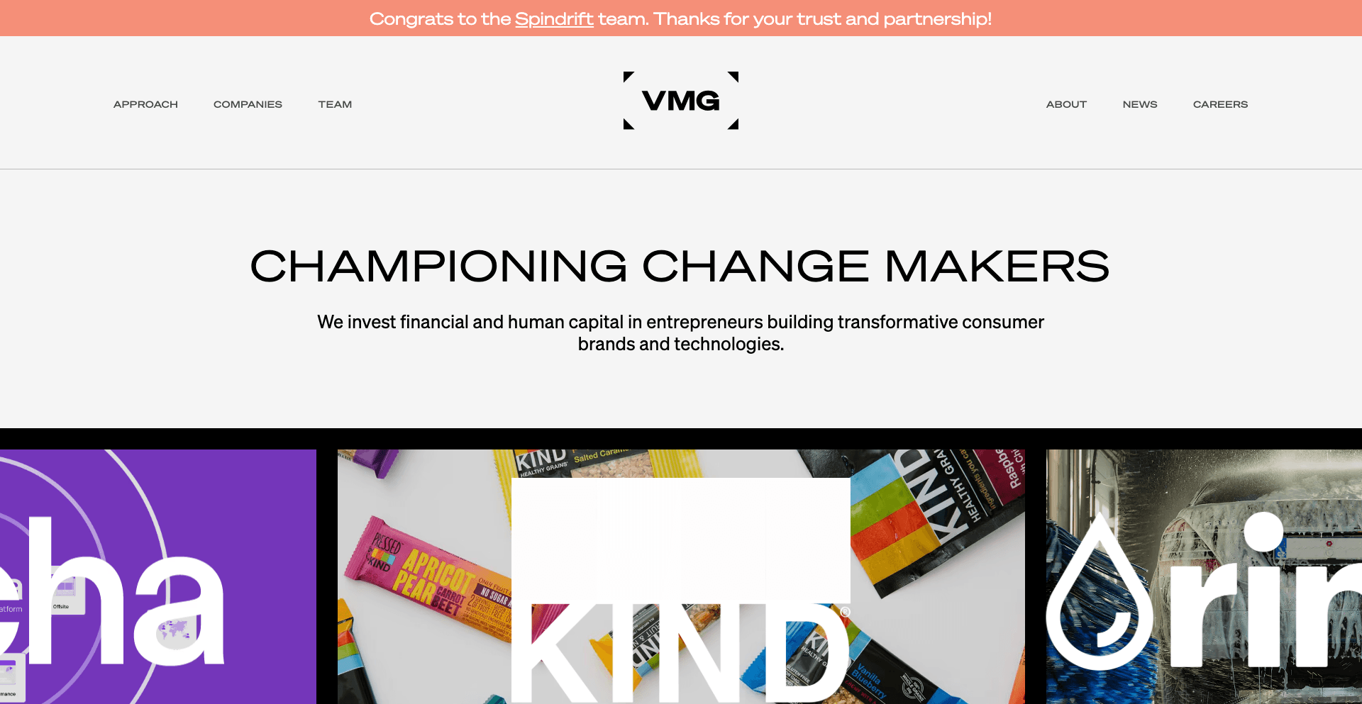 VMG Partners homepage featuring the VMG logo and headline ‘Championing Change Makers,’ highlighting investment in transformative consumer brands.