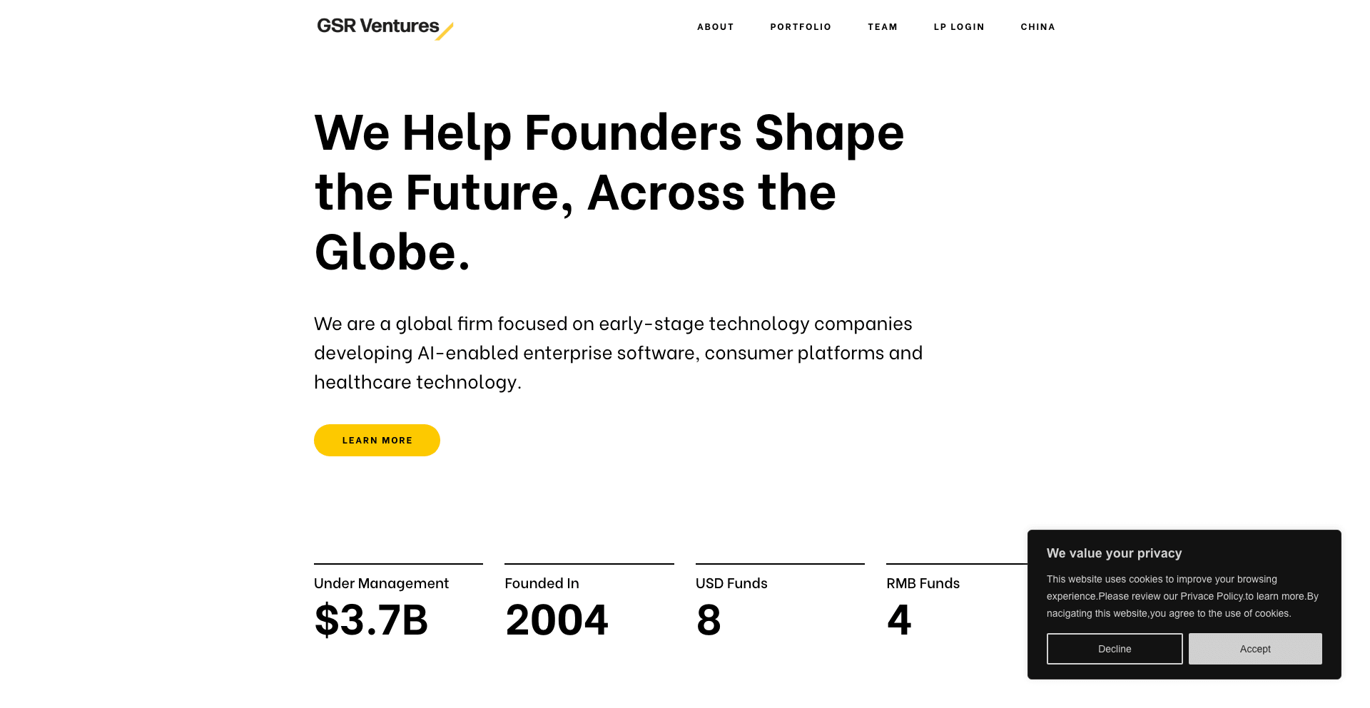GSR Ventures landing page featuring the GSR Ventures logo and a headline about shaping the future across the globe.