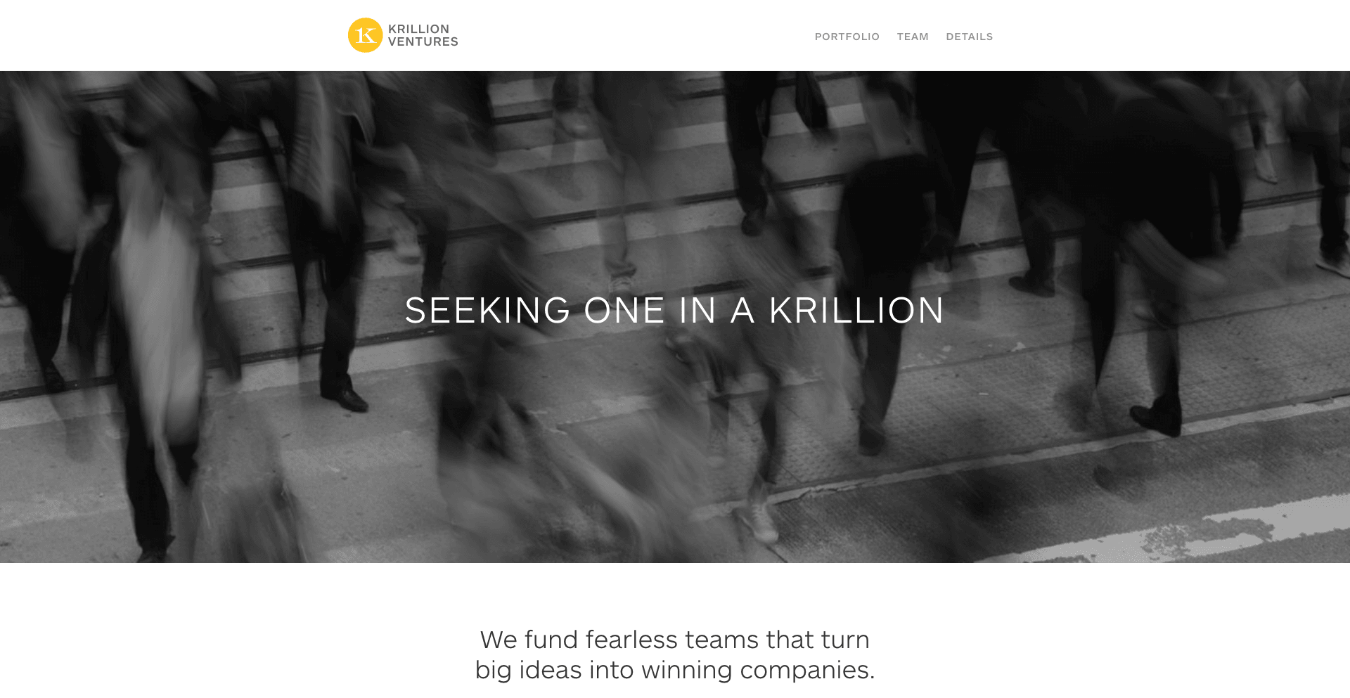 Krillion Ventures homepage with Krillion Ventures logo and headline about backing standout founders.