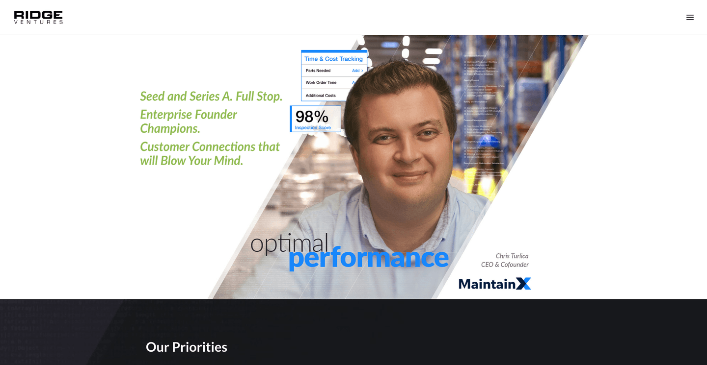 Ridge Ventures homepage featuring the Ridge Ventures logo and spotlight on an enterprise portfolio founder.