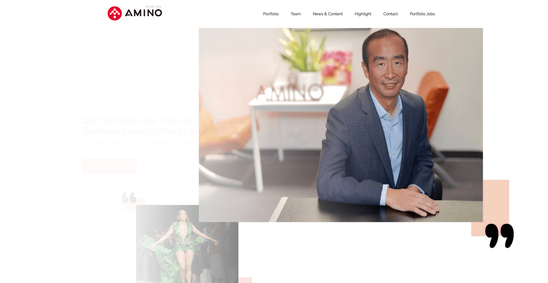 Amino Capital landing page featuring the Amino Capital logo and a profile image highlighting portfolio insights.