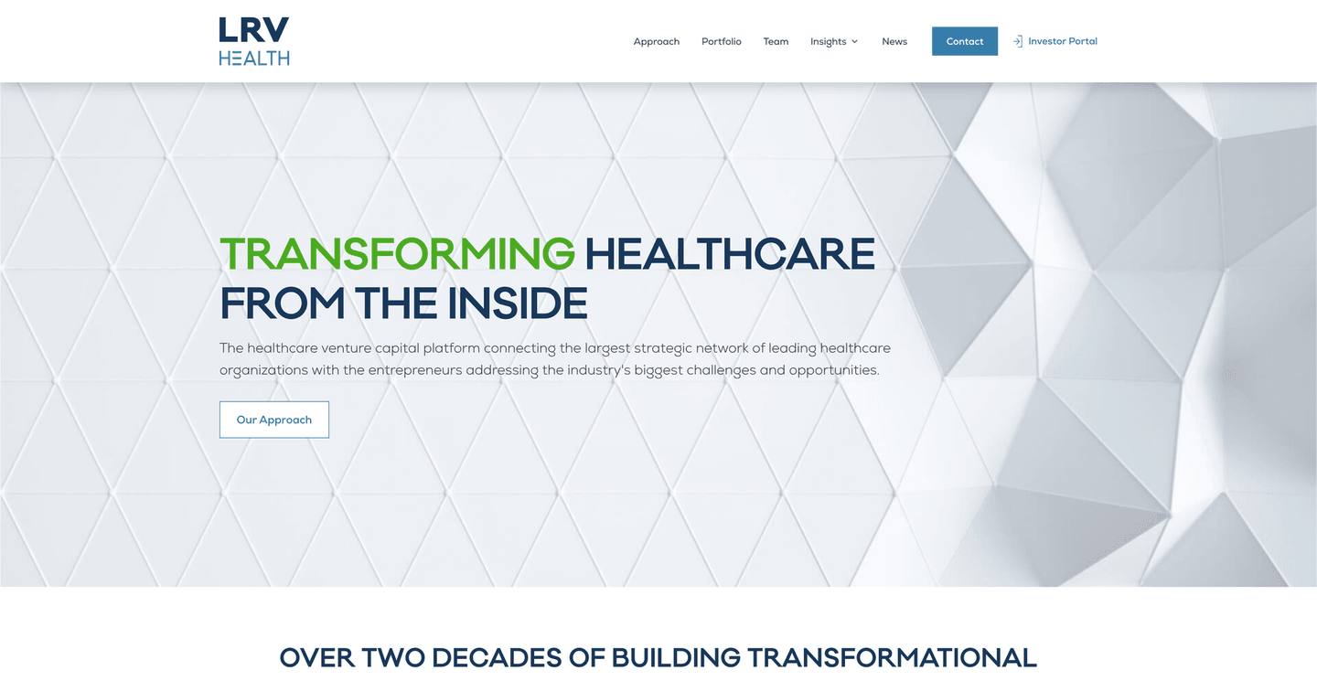 LRV Health landing page featuring the LRV Health logo and the headline ‘Transforming healthcare from the inside’ on a geometric background.