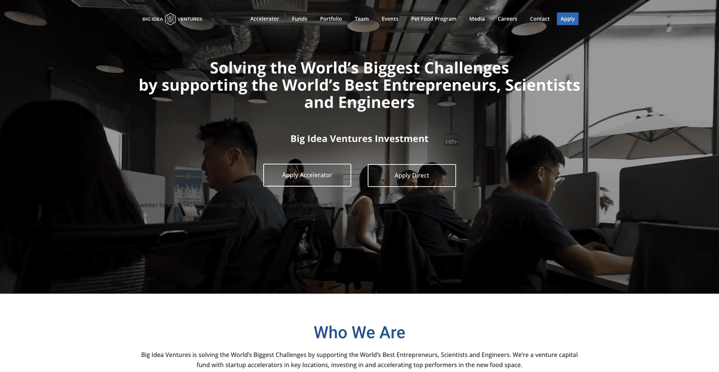 Big Idea Ventures landing page featuring the Big Idea Ventures logo and a workspace image supporting entrepreneurs, scientists, and engineers.