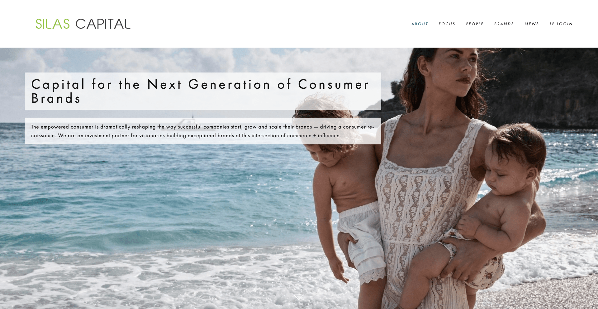 Silas Capital homepage with Silas Capital logo and headline ‘Capital for the Next Generation of Consumer Brands,’ over a lifestyle imagery background.