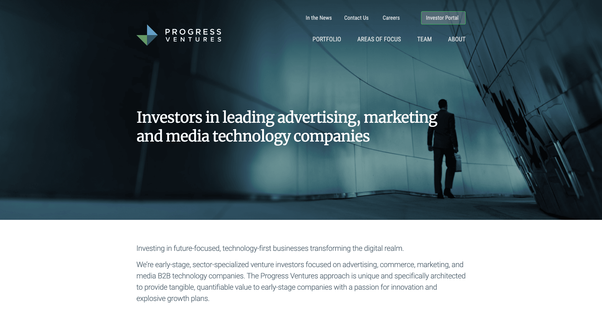 Progress Ventures landing page featuring the Progress Ventures logo and a headline about investing in advertising and media technology.