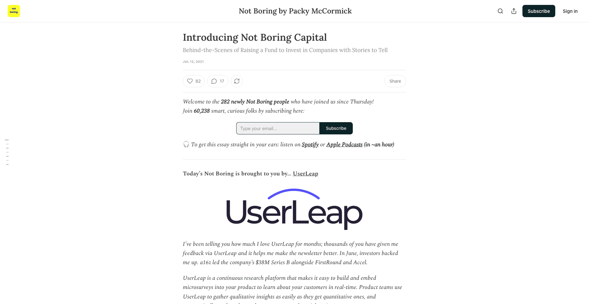 Not Boring Capital article page from Not Boring by Packy McCormick introducing Not Boring Capital.