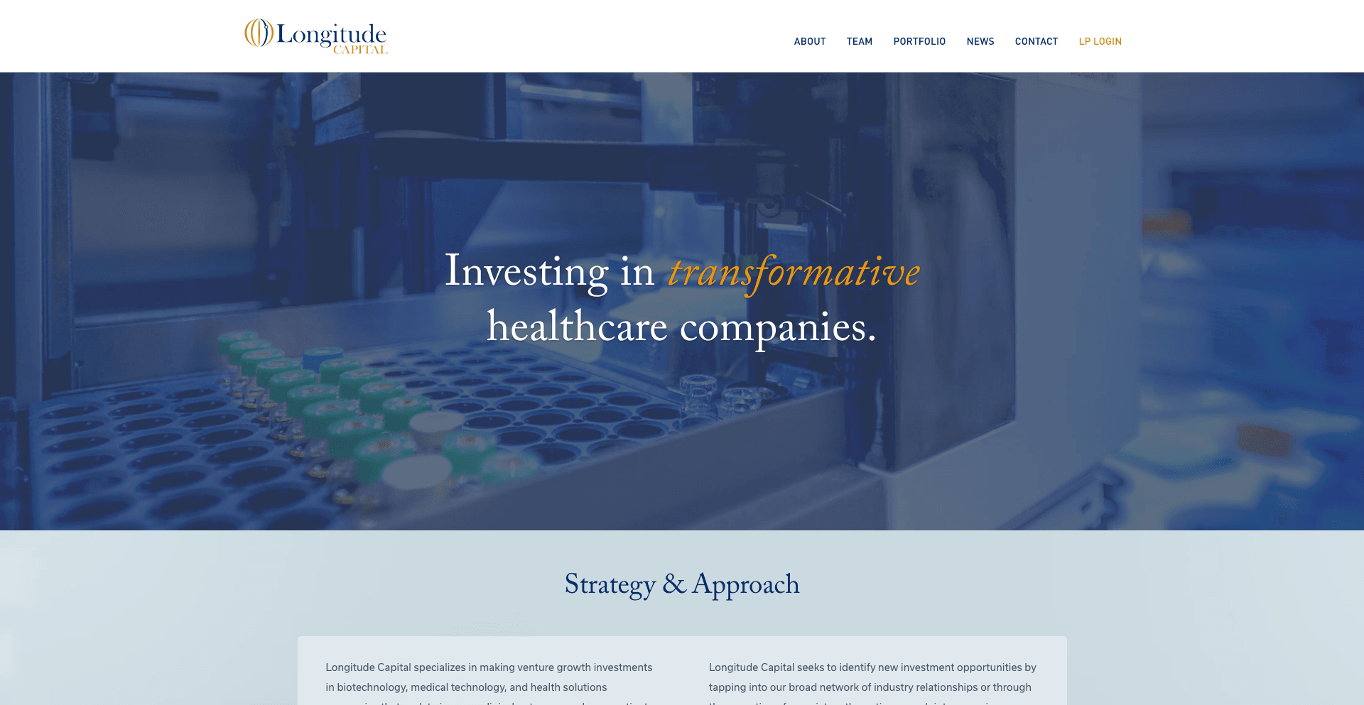 Longitude Capital landing page featuring the Longitude Capital logo and laboratory imagery highlighting transformative healthcare investing.