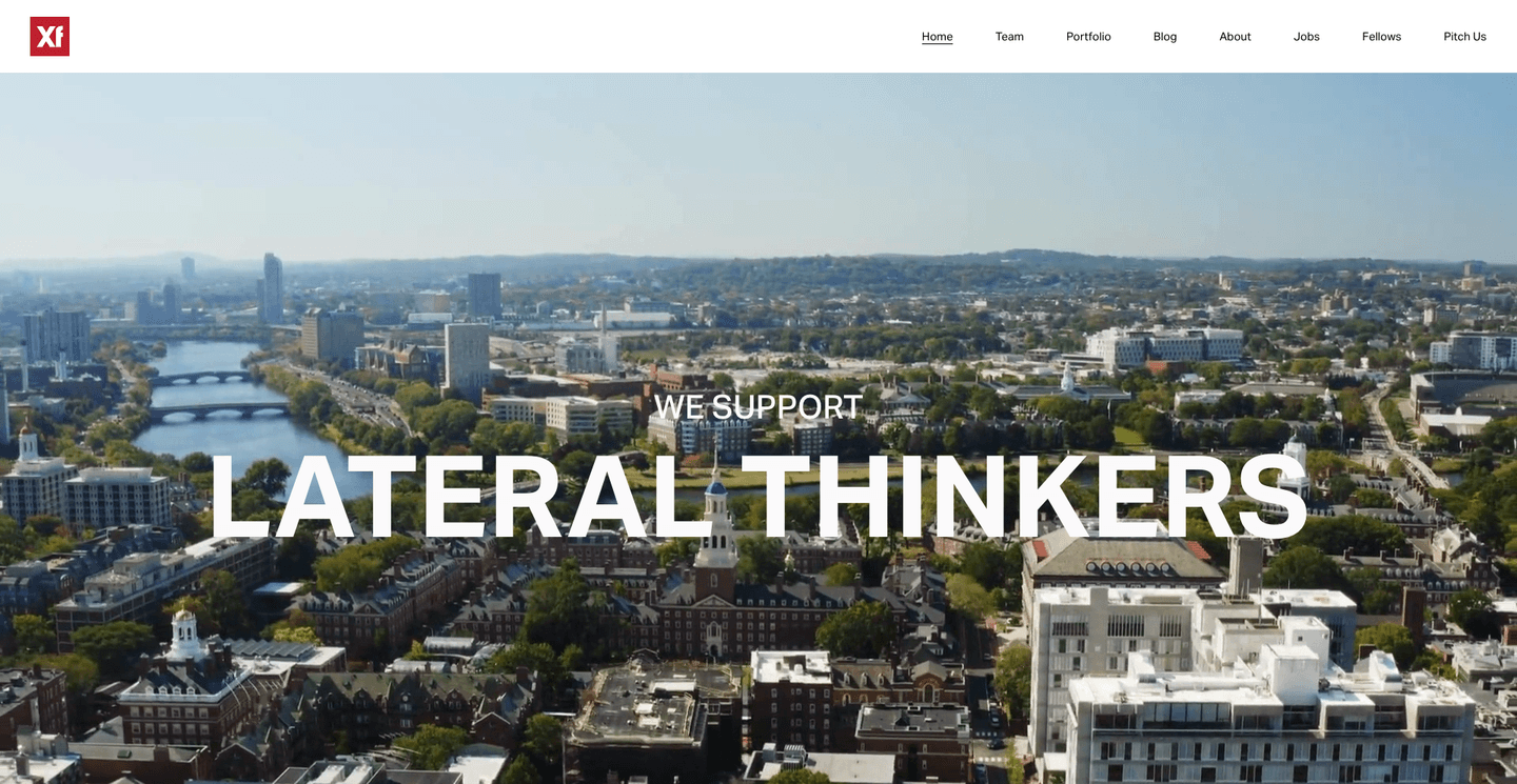 XFund homepage showing the XFund logo and aerial city view with the headline ‘We support lateral thinkers.’