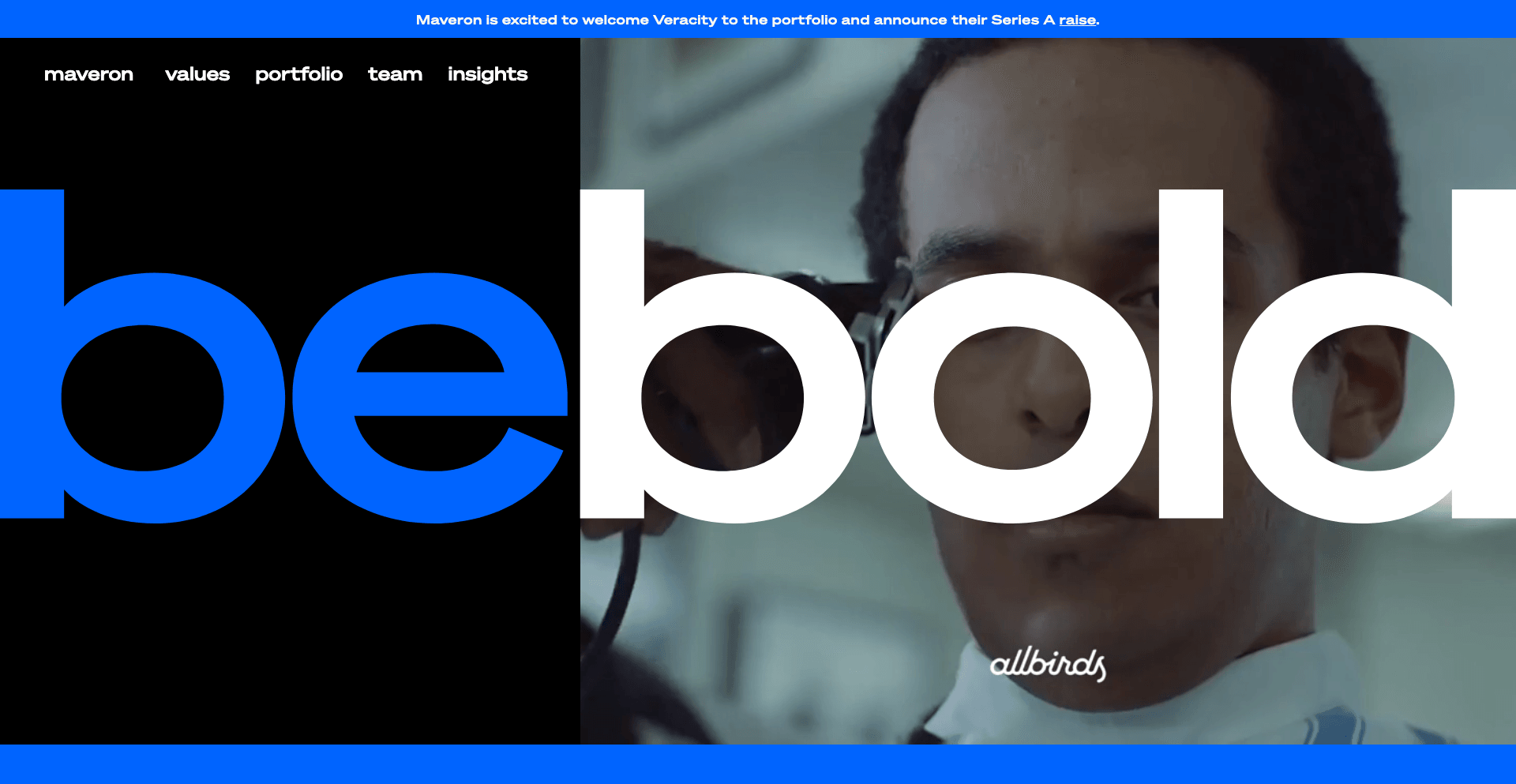 Maveron homepage displaying the Maveron logo and bold typography announcing a new portfolio investment.