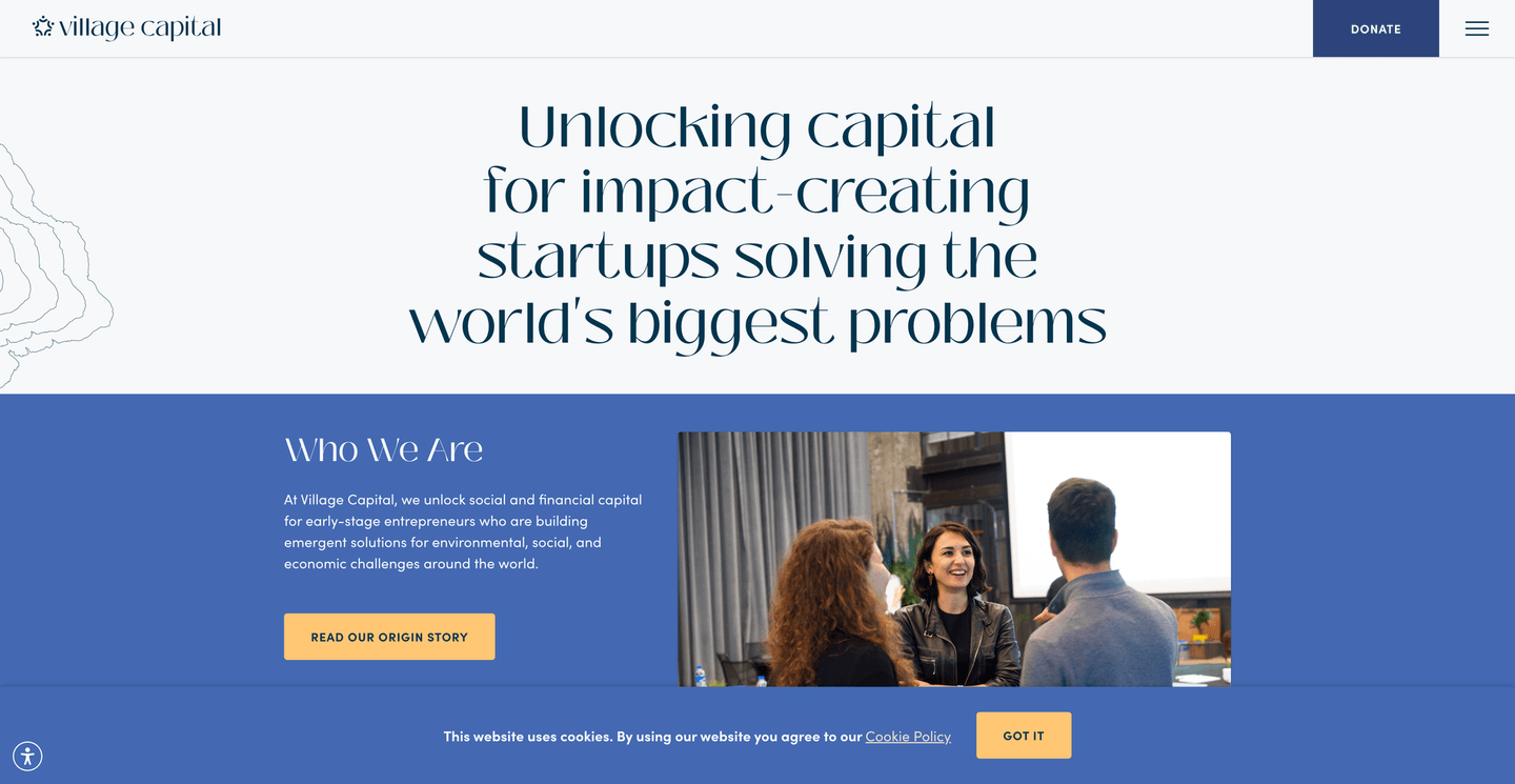 Village Capital landing page featuring the Village Capital logo and a headline about unlocking capital for impact-driven startups.