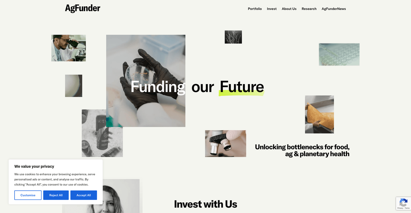 AgFunder homepage featuring the AgFunder logo and headline about funding the future of food, agriculture, and planetary health.