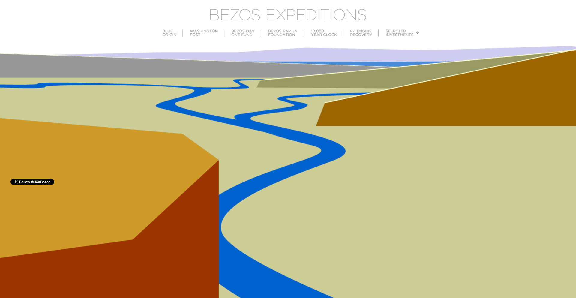 Bezos Expeditions landing page featuring the Bezos Expeditions logo and an abstract landscape illustration.