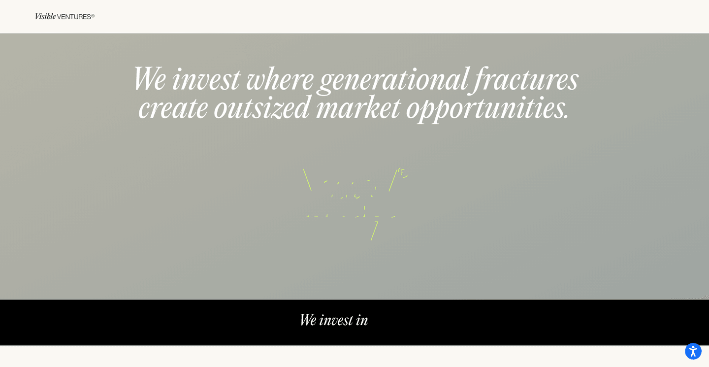 Visible Ventures homepage with Visible Ventures logo and headline about investing in generational market shifts.