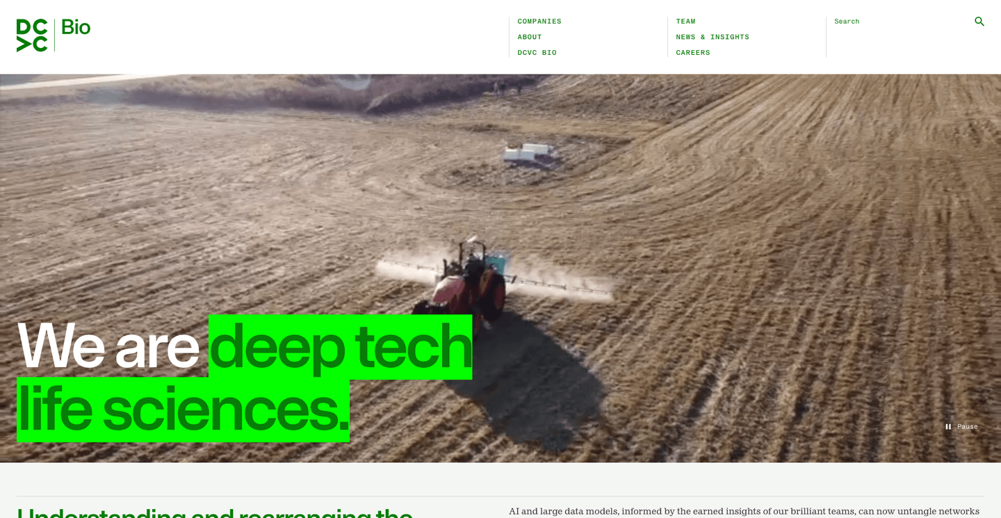 DCVC Bio landing page featuring the DCVC Bio logo and a farming technology image emphasizing deep tech life sciences.