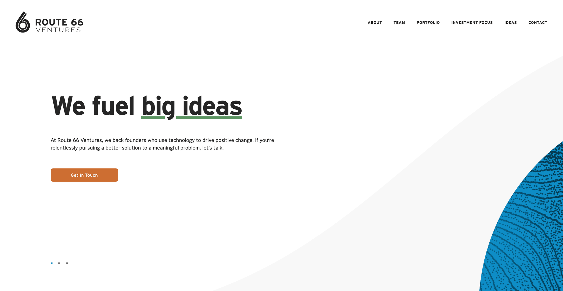 Route 66 Ventures homepage featuring the Route 66 Ventures logo and headline ‘We fuel big ideas.’