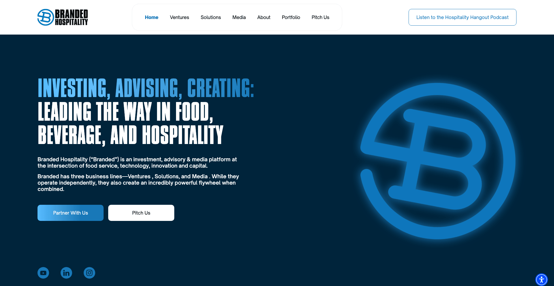 Branded Hospitality landing page featuring the Branded Hospitality logo and a headline about leading food and beverage innovation.