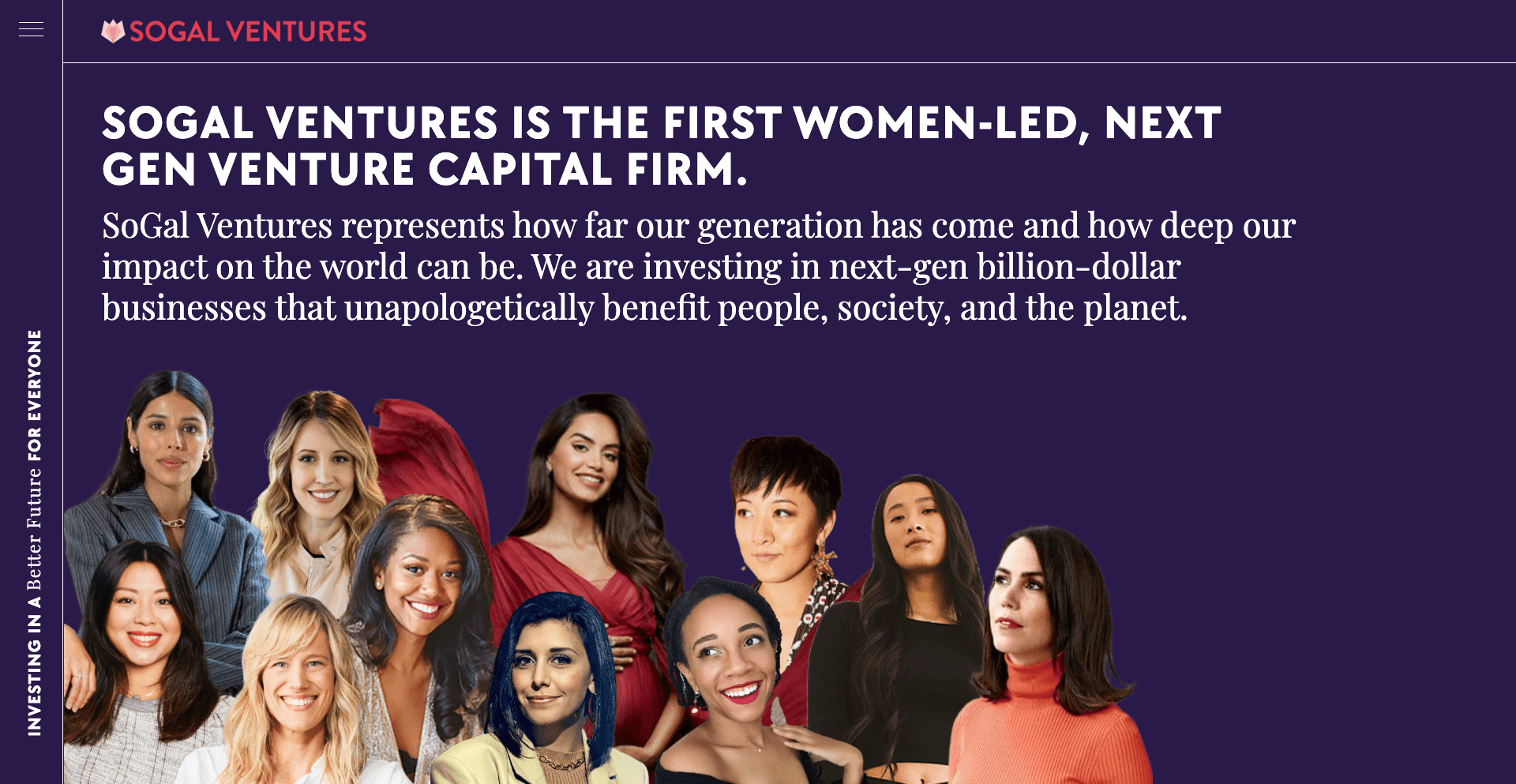 SoGal Ventures homepage displaying the SoGal Ventures logo and headline highlighting its women-led venture capital focus.