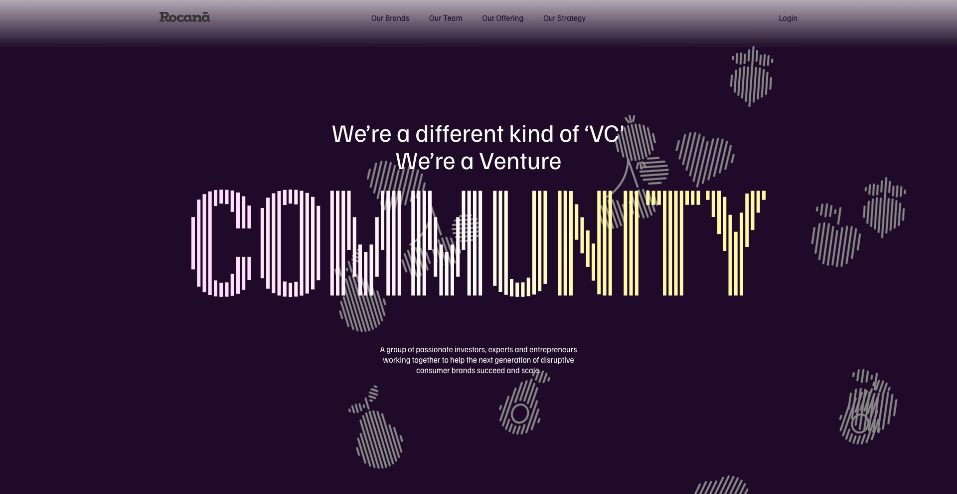 Rocana community venture capital homepage featuring the Rocana logo and messaging about a different kind of VC focused on collaborative investing.