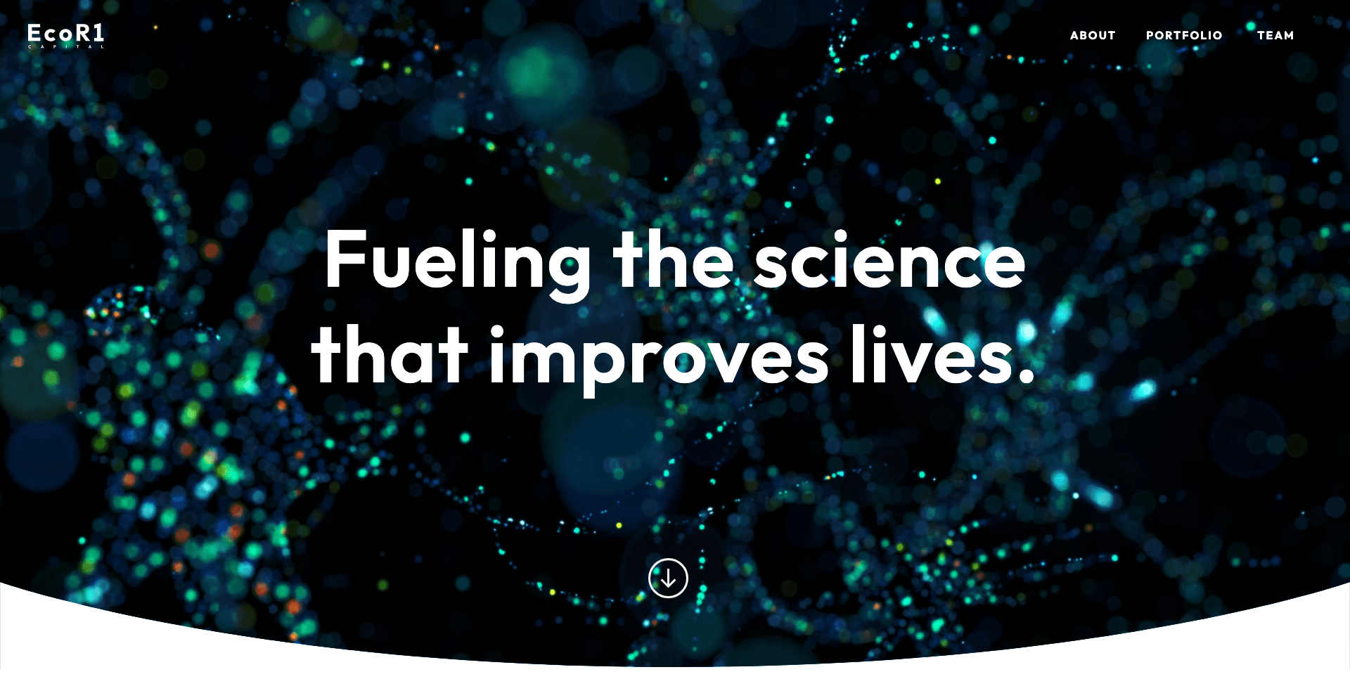 EcoR1 Capital landing page featuring the EcoR1 Capital logo and a visual of molecular data representing science-driven investing.