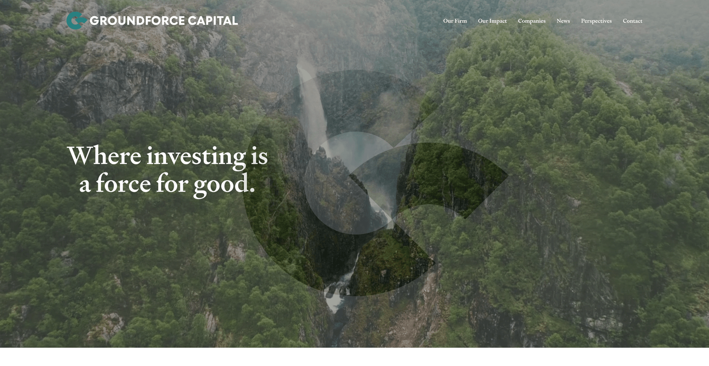 Groundforce Capital homepage showing the Groundforce Capital logo and a nature landscape with messaging about investing as a force for good.