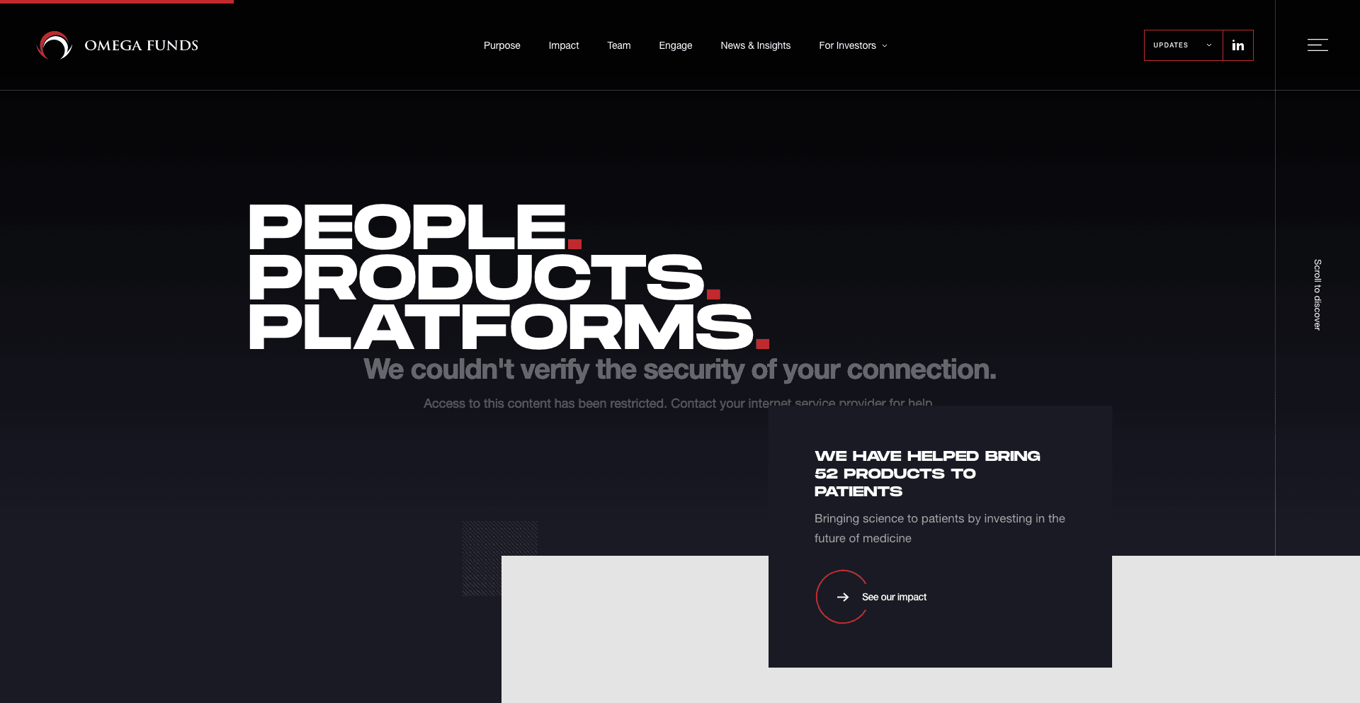 Omega Funds landing page featuring the Omega Funds logo and a bold headline about people, products, and platforms in healthcare.