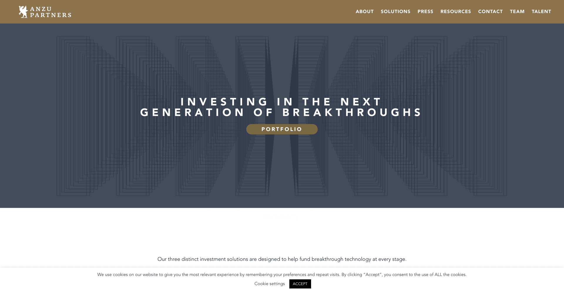 Anzu Partners landing page featuring the Anzu Partners logo and a headline about investing in the next generation of breakthroughs.