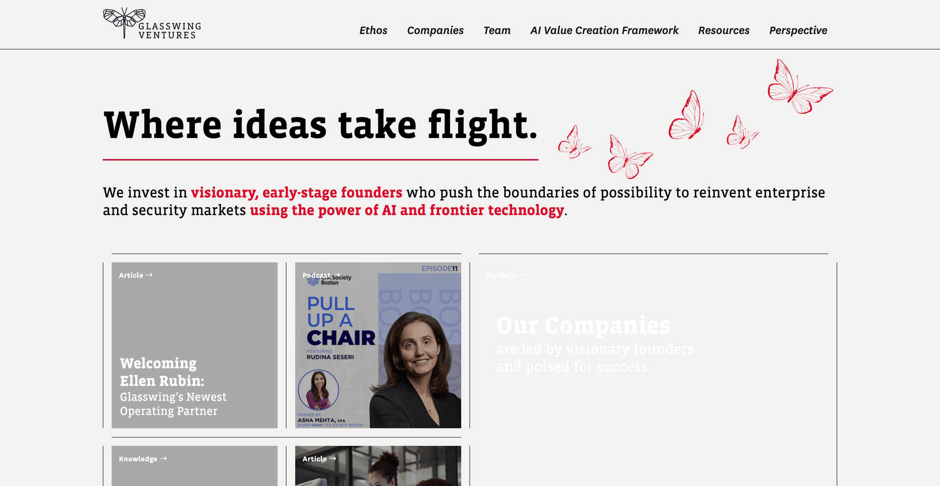 Glasswing Ventures landing page featuring the Glasswing Ventures logo and a headline about where ideas take flight.