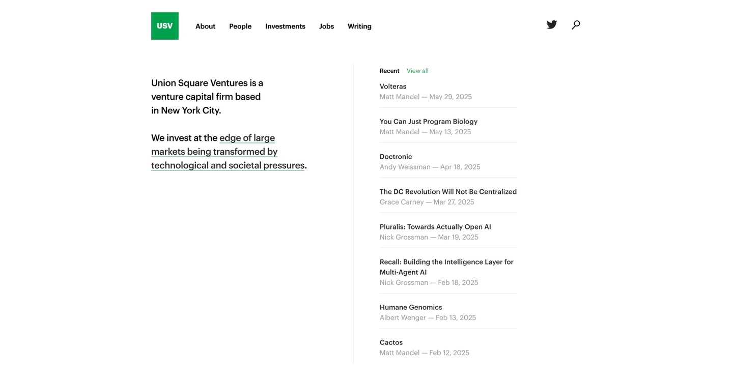 Union Square Ventures homepage displaying the USV logo and text describing a New York–based venture capital firm.