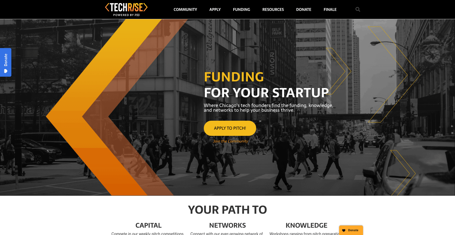 TechRise homepage displaying the TechRise logo and headline about funding Chicago-based startups.