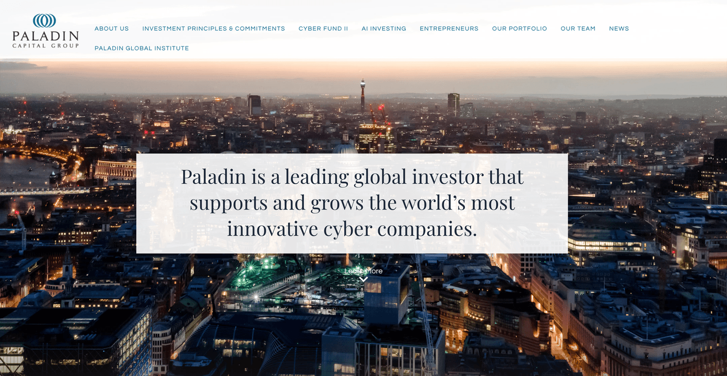Paladin Capital Group landing page featuring the Paladin Capital Group logo and a city skyline highlighting cyber investment leadership.