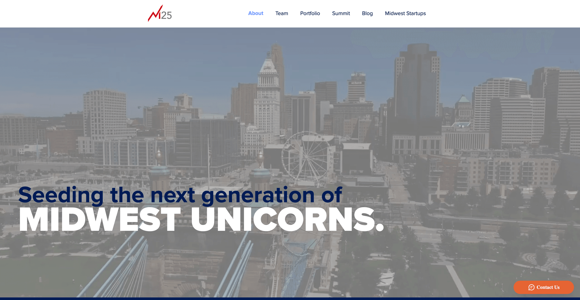 M25 homepage featuring the M25 logo and headline about seeding the next generation of Midwest unicorns.