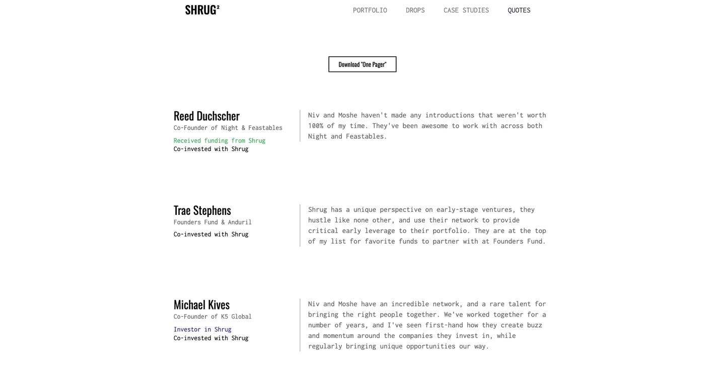 Shrug Capital homepage showing the Shrug logo and testimonials from founders and co-investors.