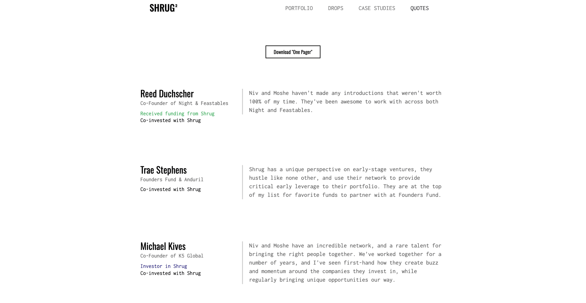 Shrug Capital homepage showing the Shrug logo and testimonials from founders and co-investors.