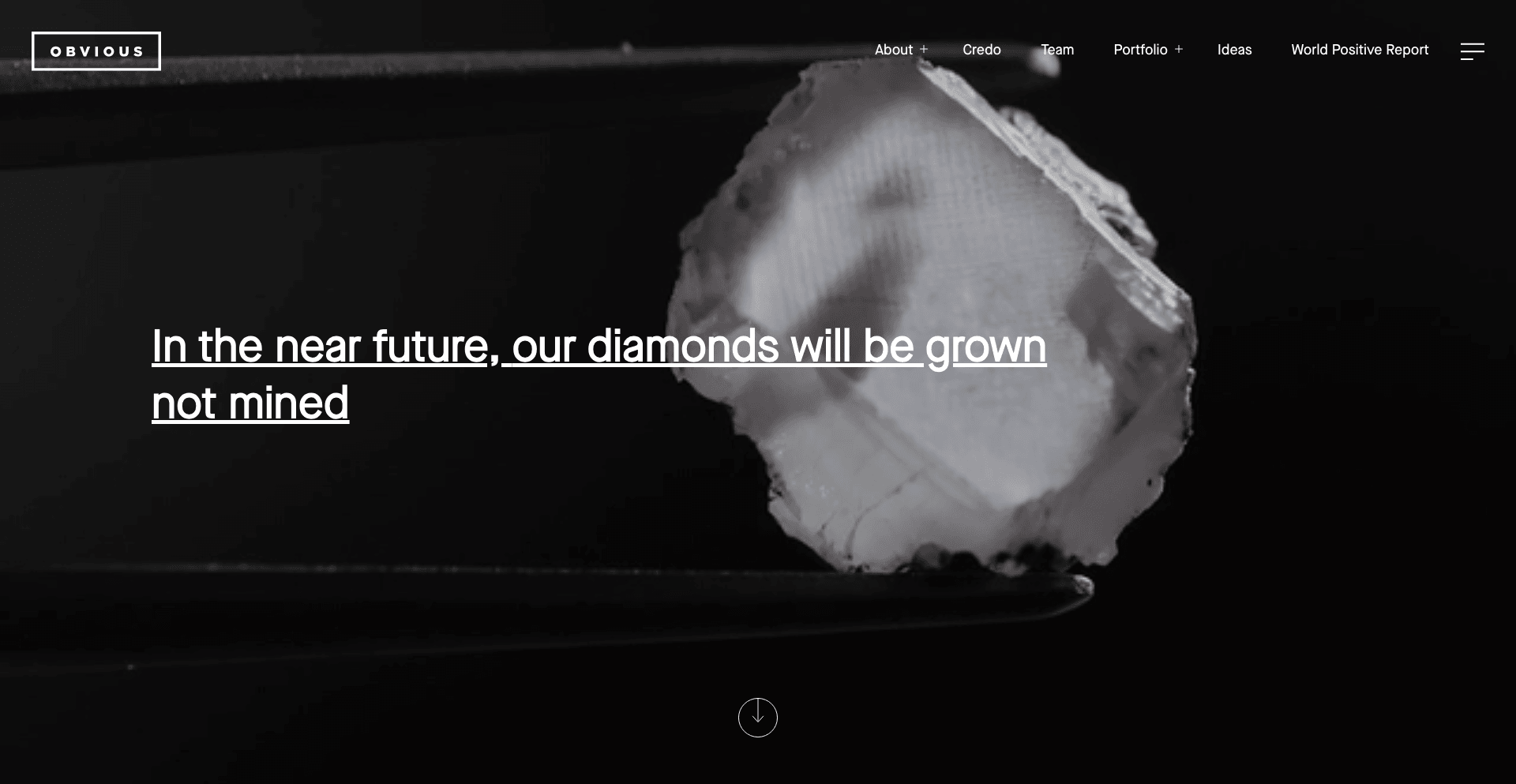 Obvious Ventures landing page featuring the Obvious logo and a close-up image of a lab-grown diamond with a sustainability message.