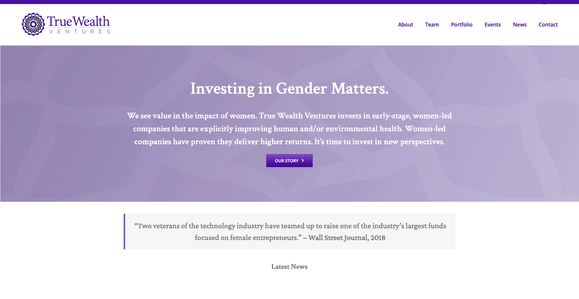 True Wealth Ventures homepage featuring the True Wealth Ventures logo and headline ‘Investing in Gender Matters.’