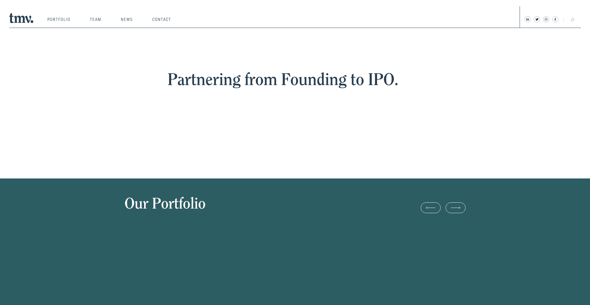 tmv landing page featuring the tmv logo and the headline ‘Partnering from Founding to IPO’ on a minimalist layout.