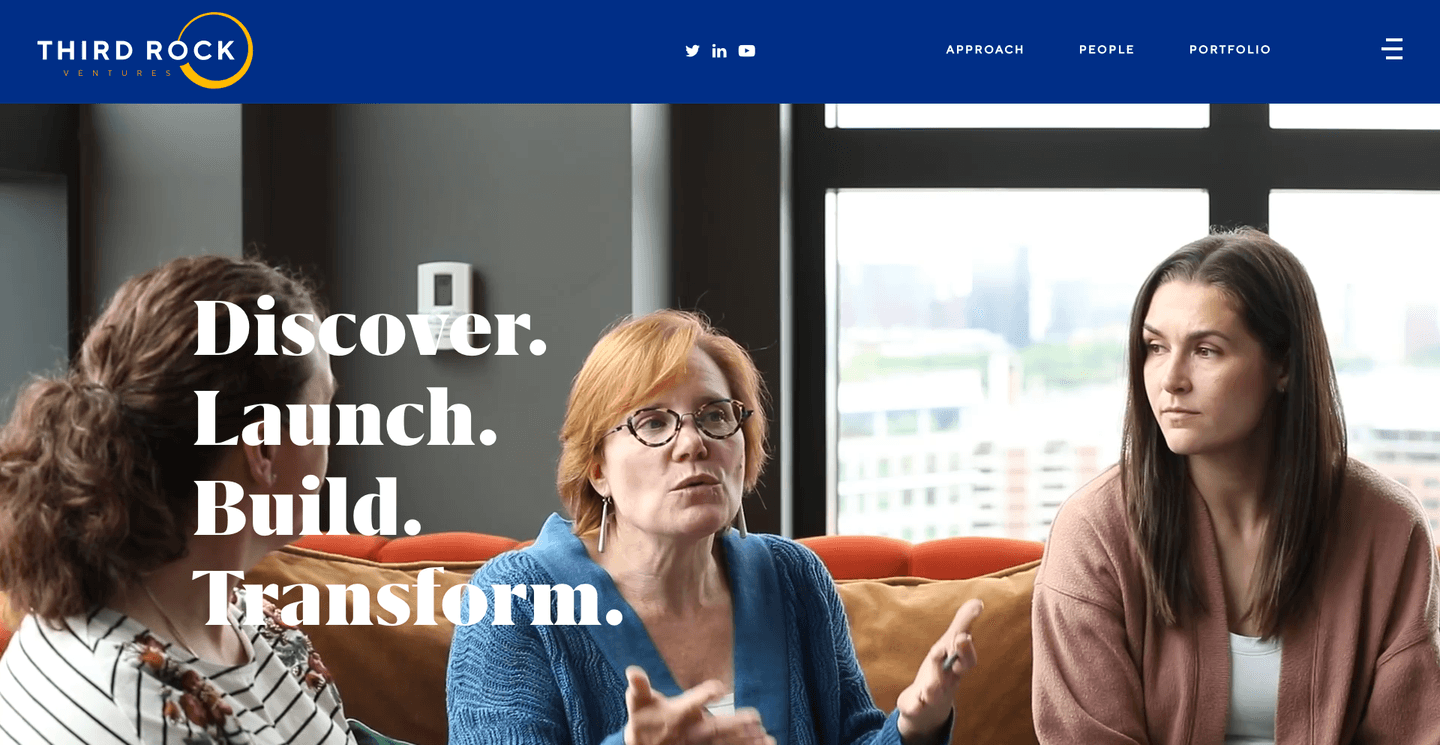 Third Rock Ventures landing page featuring the Third Rock Ventures logo and team members in discussion with the headline ‘Discover. Launch. Build. Transform.’