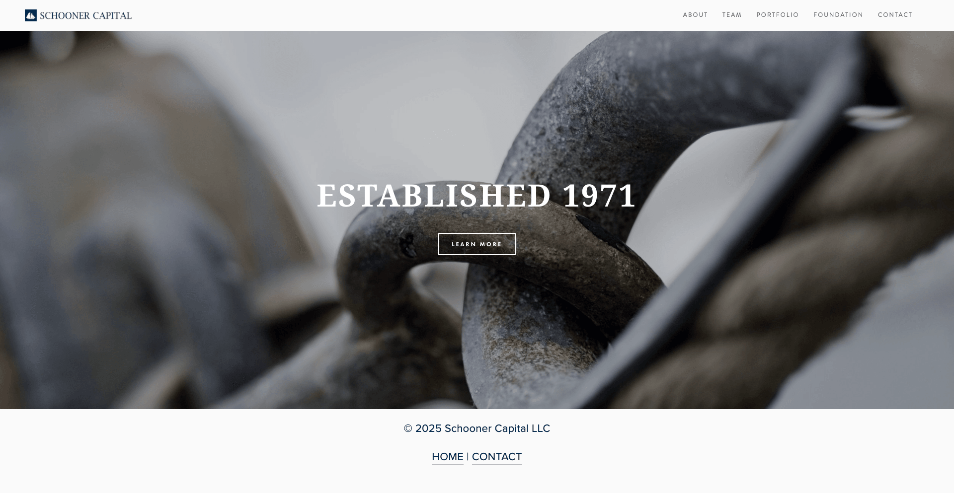 Schooner Capital landing page featuring the Schooner Capital logo and a close-up image symbolizing ‘Established 1971.’