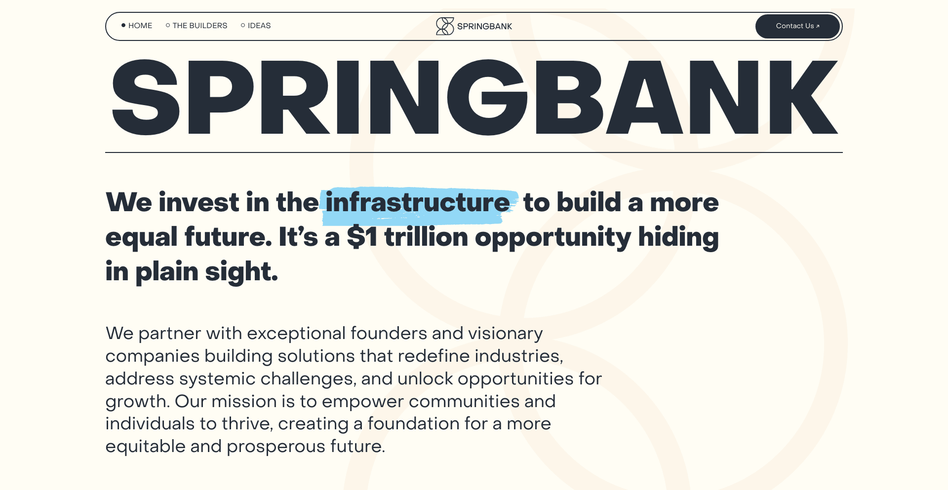 Springbank homepage with Springbank logo and headline about investing in infrastructure for a more equal future.