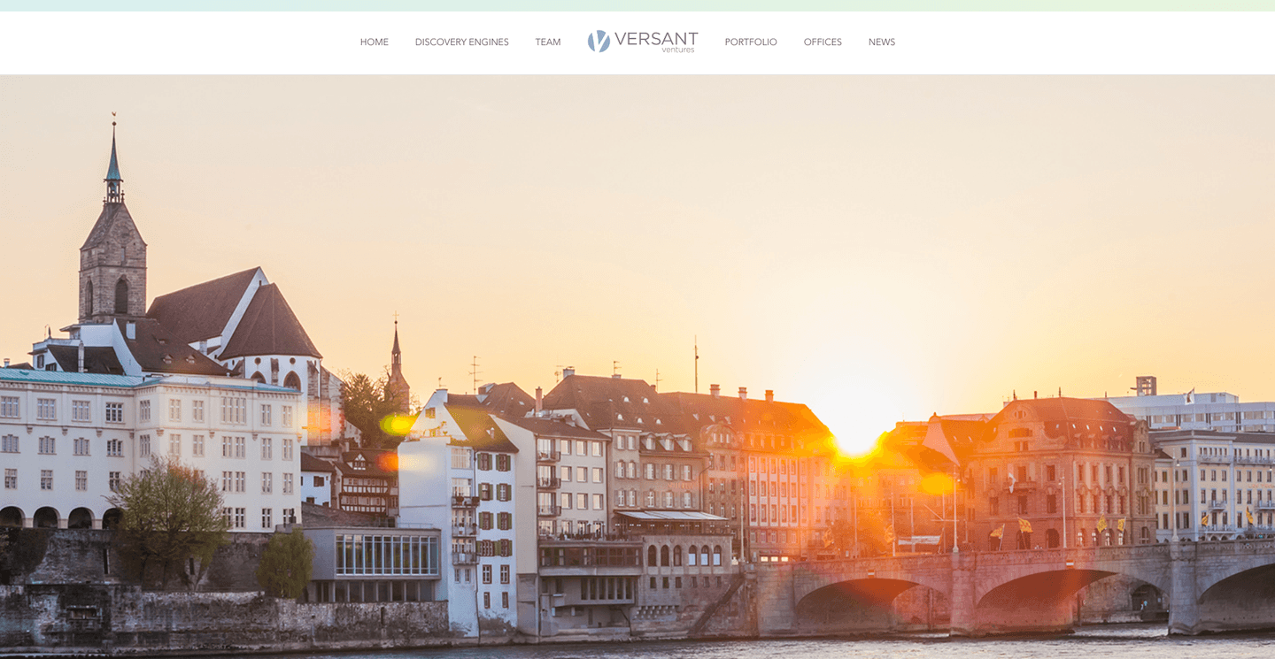 Versant Ventures landing page showing a sunset cityscape along the Rhine River with historic buildings and a stone bridge.
