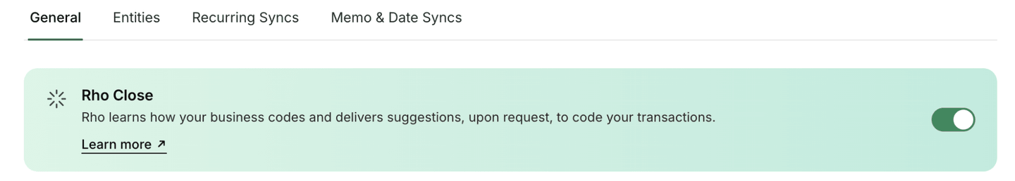 Settings menu with options: General, Entities, Recurring Syncs, and Memo & Date Syncs. "Rho Close" feature enabled with toggle switch.