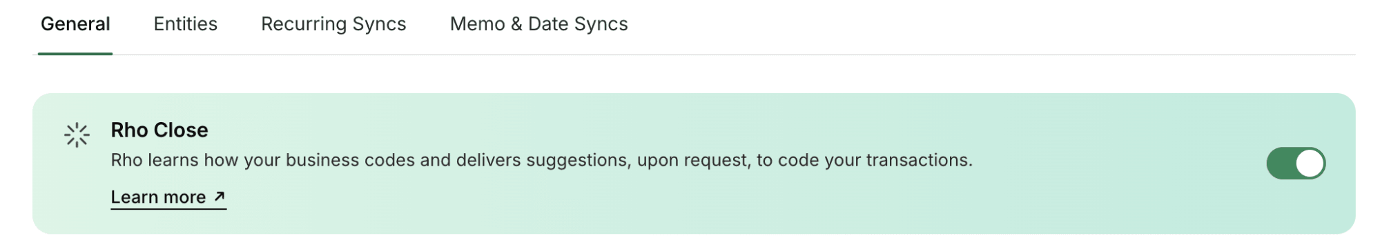 Settings menu with options: General, Entities, Recurring Syncs, and Memo & Date Syncs. "Rho Close" feature enabled with toggle switch.