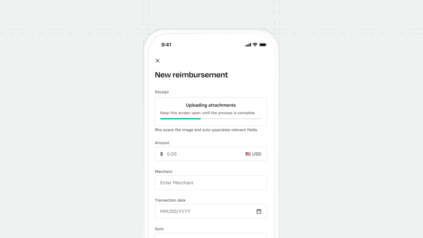 A smartphone screen displaying a new reimbursement form, with fields for receipt upload, amount, merchant, transaction date, and notes.