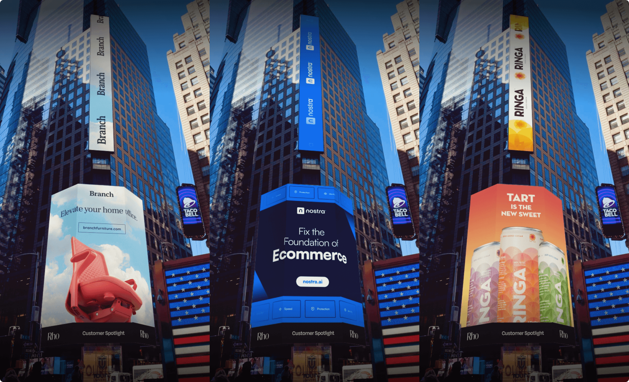 Times Square billboards featuring Rho customer spotlights for Branch, Nostra, and Ringa