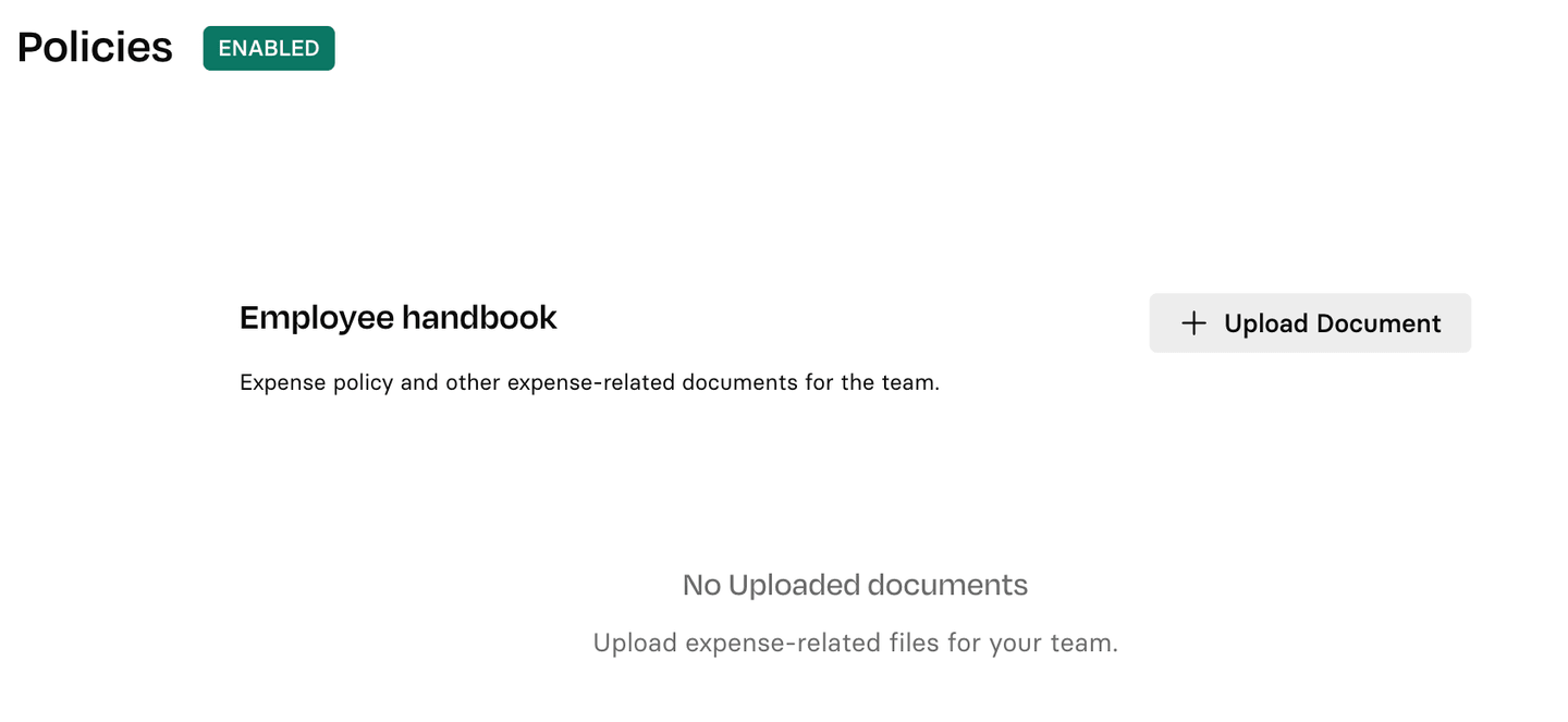 Screenshot of a document upload page titled "Employee handbook" with a button labeled "Upload Document" and a note about expense-related files.