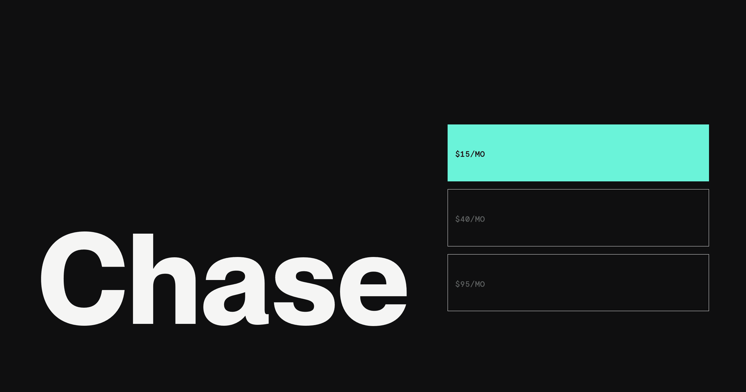 Dark hero for Rho vs Chase: the keyword Chase in large white type beside three stacked fee tiers, $15/mo filled teal