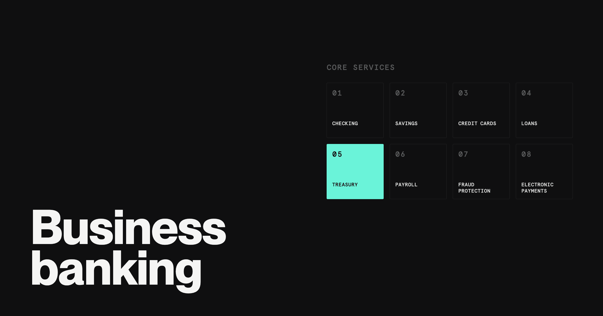 Business banking core services: checking, savings, credit cards, loans, treasury, payroll, fraud protection, and electronic payments