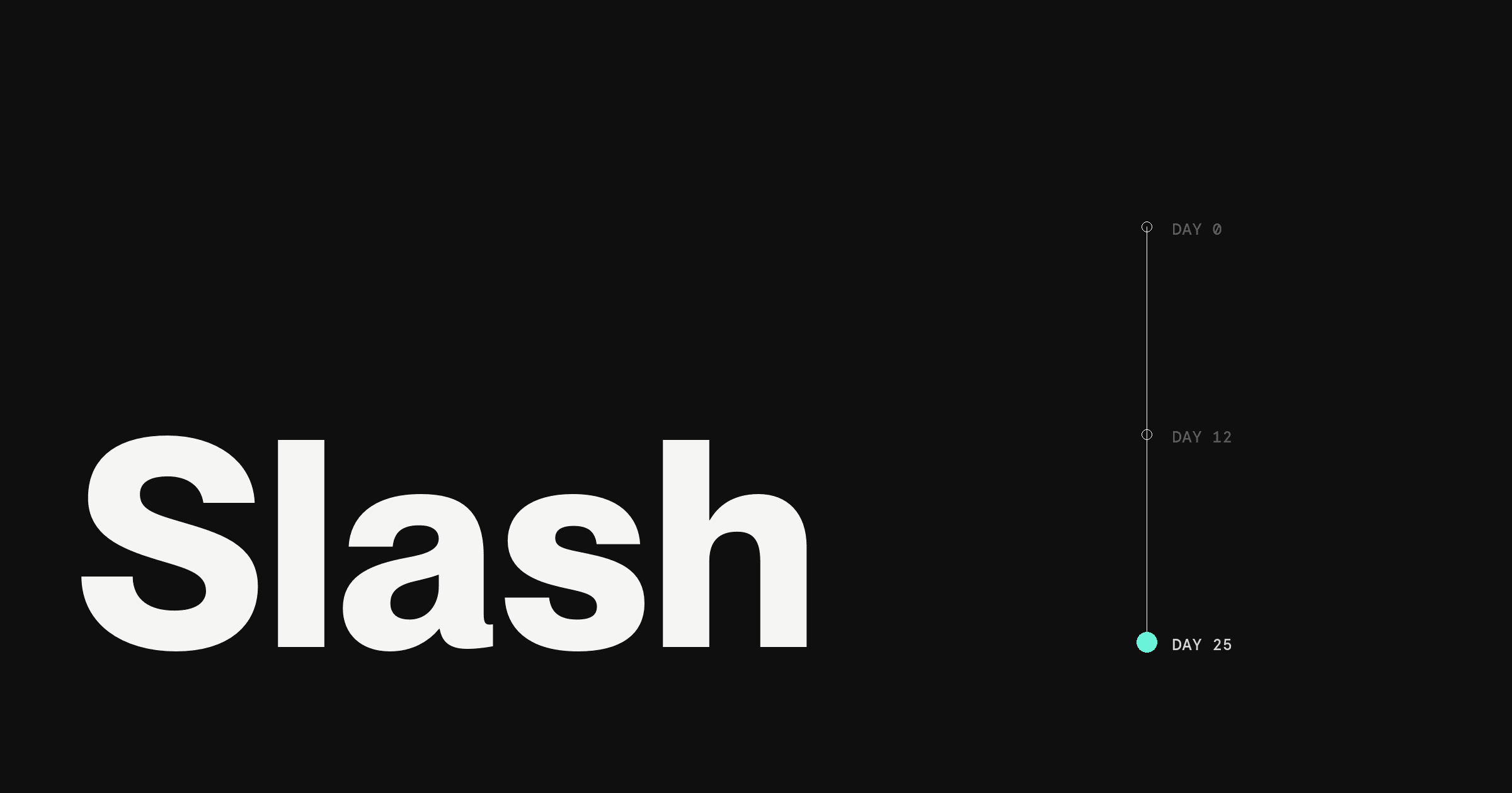 Dark hero for Rho vs Slash: the keyword Slash in large white type beside a vertical timeline from Day 0 to Day 25, Day 25 filled teal