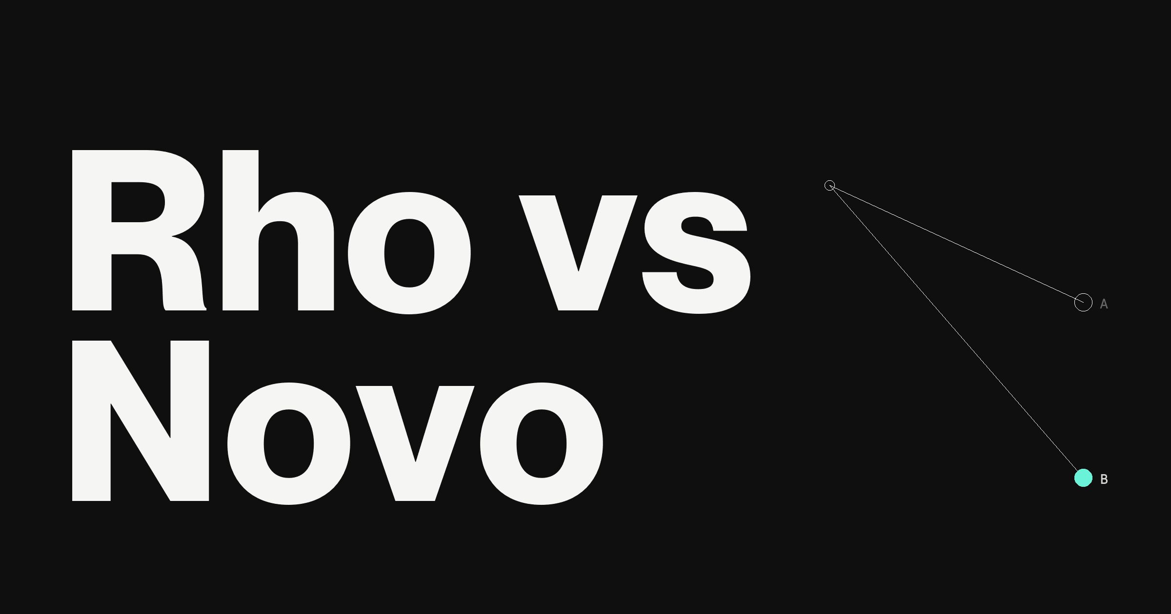 Dark hero for Rho vs Novo: the keyword Novo in large white type beside two diverging paths, one ending in a teal circle labeled B